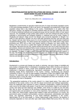 INDUSTRIALIZATION WATER POLLUTION and SOCIAL CHANGE: a CASE of BASIN BASED VILLAGE in BANGLADESH Shahid Mallick *