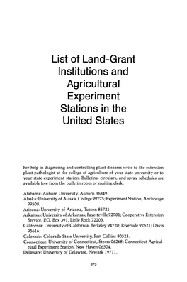 List of Land-Grant Institutions and Agricultural Experiment Stations in the United States