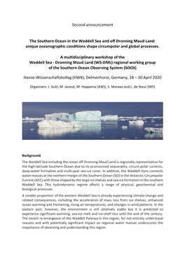 Second Announcement the Southern Ocean in the Weddell Sea and Off