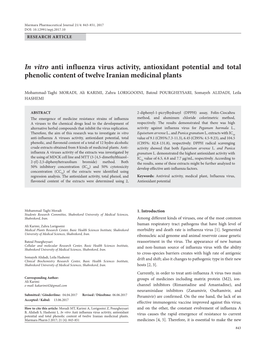 In Vitro Anti Influenza Virus Activity, Antioxidant Potential and Total Phenolic Content of Twelve Iranian Medicinal Plants