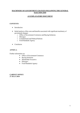 Machinery of Government Changes Following the General Election 2010