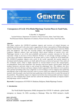 Consequences of Covid- 19 in Hindu Pilgrimage Tourism Places in Tamil Nadu, India