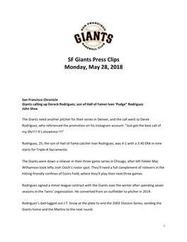 SF Giants Press Clips Monday, May 28, 2018