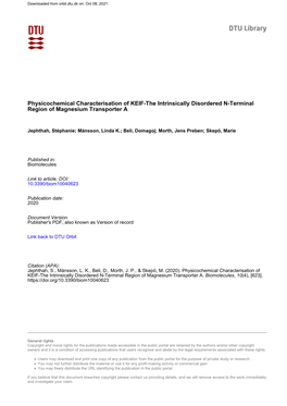 Physicochemical Characterisation of KEIF-The Intrinsically Disordered N-Terminal Region of Magnesium Transporter A