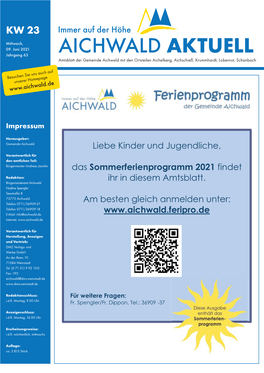 AICHWALD AKTUELL Amtsblatt Der Gemeinde Aichwald Mit Den Ortsteilen Aichelberg, Aichschieß, Krummhardt, Lobenrot, Schanbach