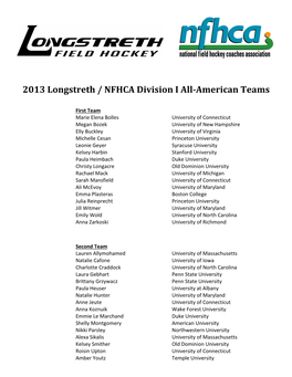 2013 Longstreth / NFHCA Division I All-American Teams