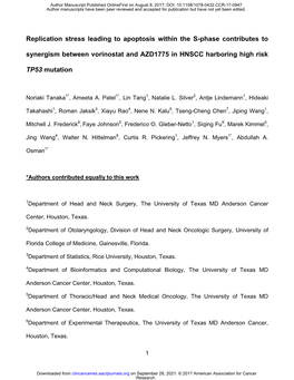 Replication Stress Leading to Apoptosis Within the S-Phase Contributes to Synergism Between Vorinostat and AZD1775 in HNSCC Harboring High Risk