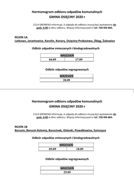 Harmonogram Odbioru Odpadów Komunalnych GMINA OSIĘCINY 2020 R