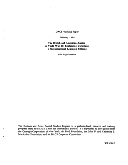 DACS Working Paper February 1996 the British and American Armies in World War II: Explaining Variations in Organizational Learni