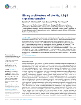Binary Architecture of the Nav1.2-B2 Signaling Complex Samir Das1†, John Gilchrist2†, Frank Bosmans2,3*, Filip Van Petegem1*