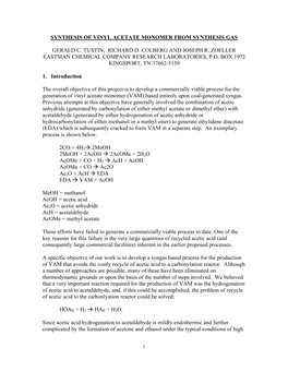 Synthesis of Vinyl Acetate Monomer from Synthesis Gas