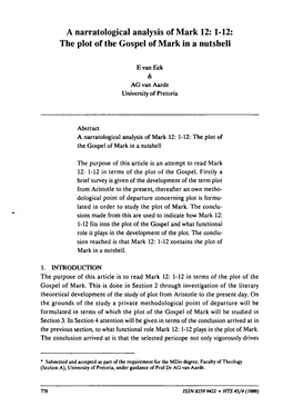 A Narratological Analysis of Mark 12:1-12: the Plot of the Gospel of Mark in a Nutshell