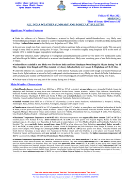 Friday 07 May 2021 MORNING Time of Issue: 0800 Hours IST ALL INDIA WEATHER SUMMARY and FORECAST BULLETIN