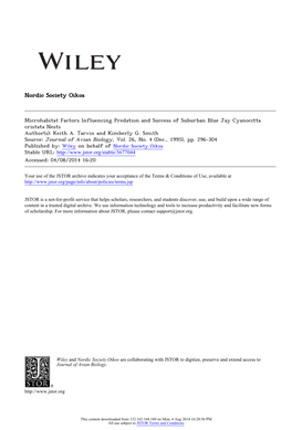 Microhabitat Factors Influencing Predation and Success of Suburban Blue Jay Cyanocitta Cristata Nests Author(S): Keith A