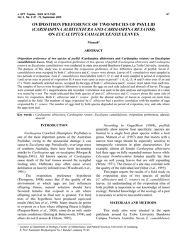 Oviposition Preference of Two Species of Psyllid (Cardiaspina Albitextura and Cardiaspina Retator) on Eucalyptus Camaldulensis Leaves