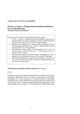 Förvärv Av Delar Av Zinkensdamms Ishall Från Hammar- by IF Alliansförening Hemställan Från Idrottsnämnden