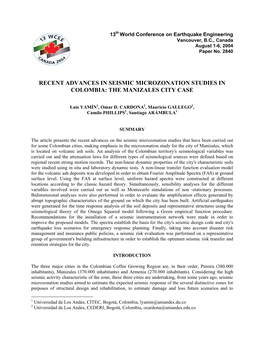 Recent Advances in Seismic Microzonation Studies in Colombia: the Manizales City Case