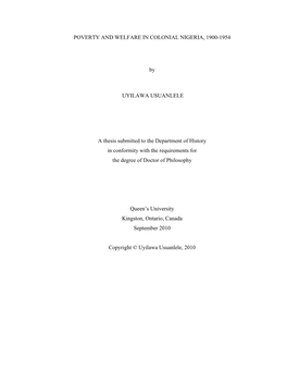 POVERTY and WELFARE in COLONIAL NIGERIA, 1900-1954 By