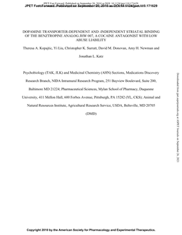 Dopamine Transporter-Dependent and -Independent Striatal Binding of the Benztropine Analog Jhw 007, a Cocaine Antagonist with Low Abuse Liability