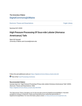 High Pressure Processing of Sous-Vide Lobster (Homarus Americanus) Tails