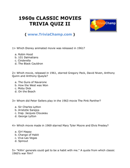 1960S CLASSIC MOVIES TRIVIA QUIZ II