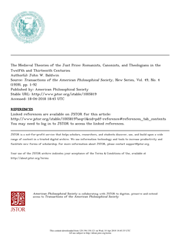 The Medieval Theories of the Just Price: Romanists, Canonists, and Theologians in the Twelfth and Thirteenth Centuries Author(S): John W