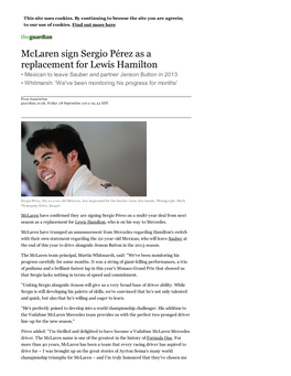 Mclaren Sign Sergio Pérez As a Replacement for Lewis Hamilton