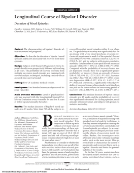 Longitudinal Course of Bipolar I Disorder Duration of Mood Episodes