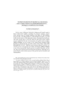 Women Patrons in Medieval Anatolia and a Discussion of Māhbarī Khātūn’S Mosque Complex in Kayseri