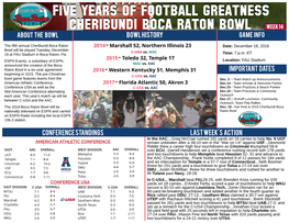 FIVE YEARS of FOOTBALL GREATNESS CHERIBUNDI BOCA RATON BOWL Week 14 ABOUT the BOWL BOWL HISTORY GAME INFO