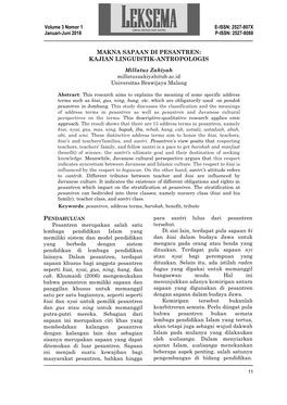 Makna Sapaan Di Pesantren: Kajian Linguistik-Antropologis