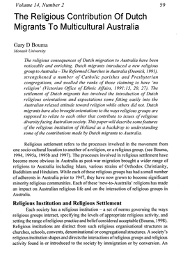 The Religious Contribution of Dutch Migrants to Multicultural Australia