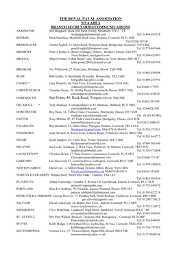 THE ROYAL NAVAL ASSOCIATION NO 4 AREA BRANCH SECRETARIES/COMMUNICATIONS AXMINSTER Bill Sheppard, Hook Hill Farm, Furley, Memburty, EX13 7TT