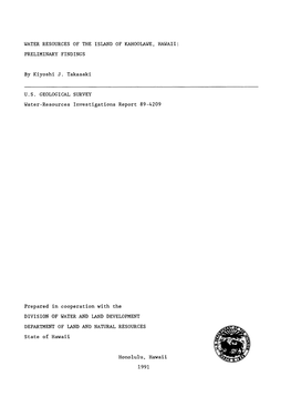 Water Resources of the Island of Kahoolawe, Hawaii Preliminary Findings