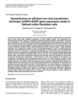 Nucleofection an Efficient Non-Viral Transfection Technique Forifn-T-EGFP Gene Expression Study in Sahiwal Cattle Fibroblast Cells