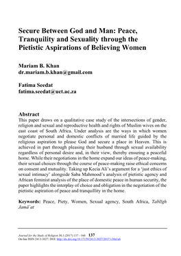 Secure Between God and Man: Peace, Tranquility and Sexuality Through the Pietistic Aspirations of Believing Women