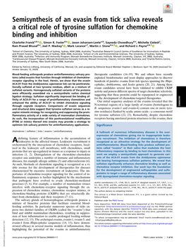 Semisynthesis of an Evasin from Tick Saliva Reveals a Critical Role of Tyrosine Sulfation for Chemokine Binding and Inhibition