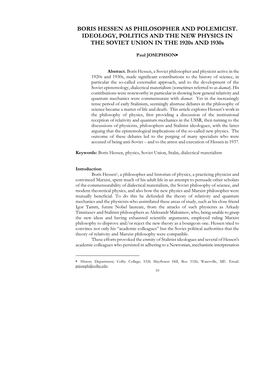 BORIS HESSEN AS PHILOSOPHER and POLEMICIST. IDEOLOGY, POLITICS and the NEW PHYSICS in the SOVIET UNION in the 1920S and 1930S