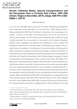 Catherine Waters, Special Correspondence and the Newspaper Press in Victorian Print Culture, 1850-1886 (Cham: Palgrave Macmillan, 2019), 236Pp