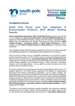 South Pole Group Wins Four Categories in Environmental Finance's 2016