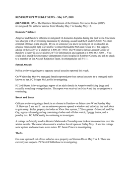 The Renfrew Detachment of the Ontario Provincial Police (OPP) Investigated 294 Calls for Service from Monday May 7 to Sunday May 13
