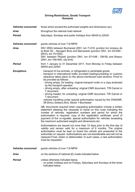 Driving Restrictions, Goods Transport Romania Vehicles Concerned Those Which Exceed the Authorised Weights and Dimensions (Qv) A