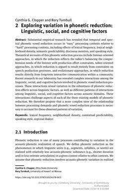 2 Exploring Variation in Phonetic Reduction: Linguistic, Social, and Cognitive Factors