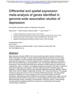 Differential and Spatial Expression Meta-Analysis of Genes Identified in Genome-Wide Association Studies of Depression