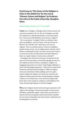 Final Essay on 'The Future of the Religion in China in the Global Era'