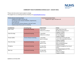 Community Health Screening Schedule (July – August 2019)