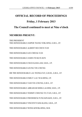 OFFICIAL RECORD of PROCEEDINGS Friday, 1 February