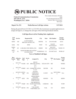 PUBLIC NOTICE News Media Information 202/418- Federal Communications Commission 0500 445 12Th St., S.W