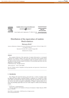 Distribution of the Eigenvalues of Random Block-Matrices Marianna Bolla1 Institute of Mathematics, Budapest University of Technology and Economics, P.O