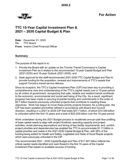 TTC 15-Year Capital Investment Plan & 2021 – 2030 Capital Budget & Plan